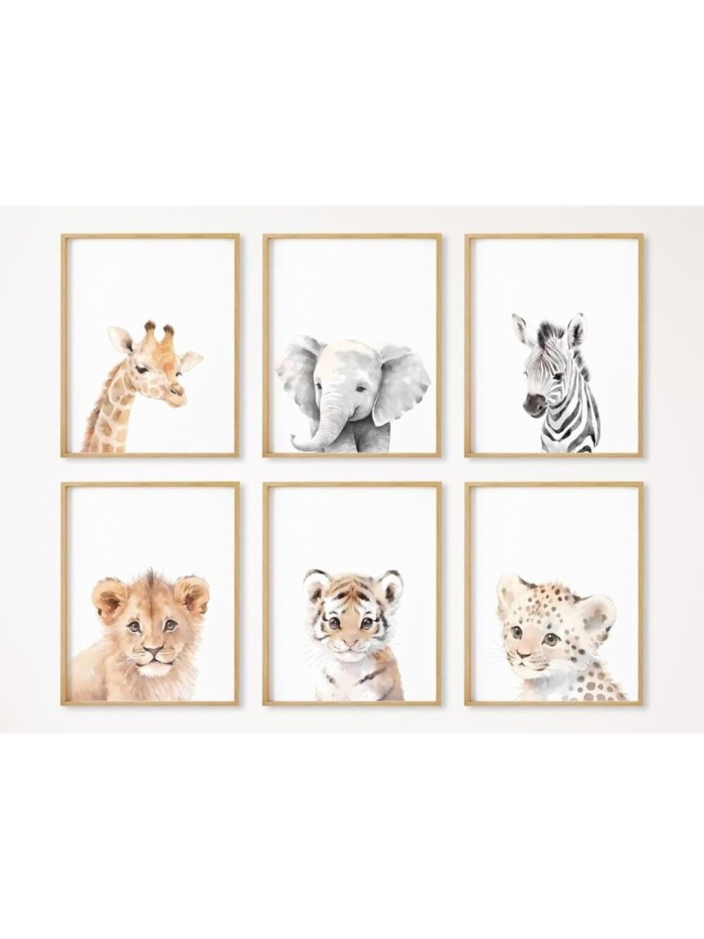 Safari Animal Wall Art Set of 6 - Jungle Nursery Decor for Baby Room, 12x16 Inch